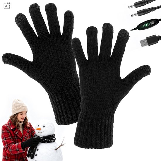 Set zwarte gebreide handschoenen met oplaadkabel en aansluitingen voor verwarmingsfunctie.