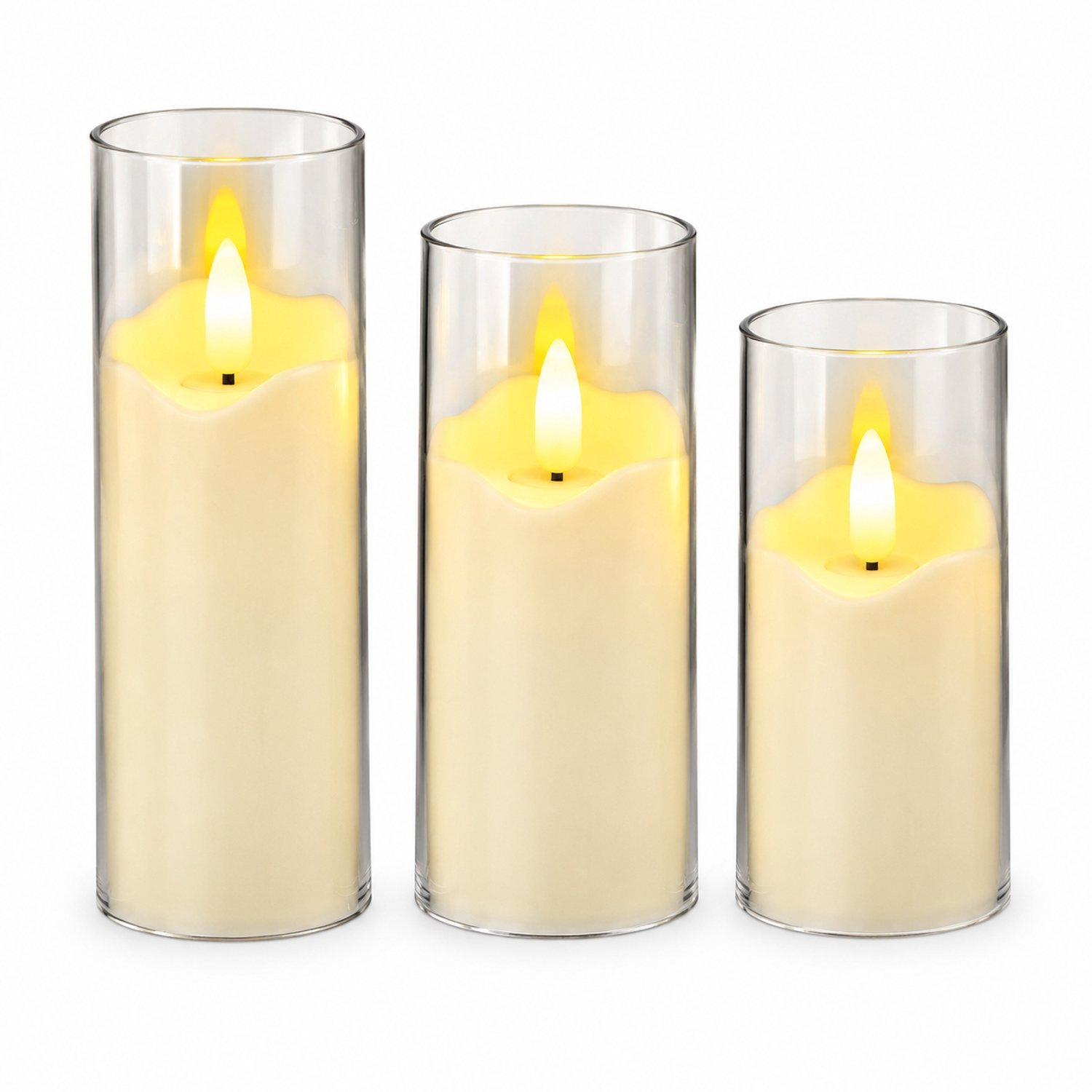 SWGOTA led kaarsen 5 x 15 cm met glazen omhulsel, golvende kaarsbovenkant en vlamvormige led, voor nachtkastje en feestdecoratie, 12 stuks per displaydoos Ivoorwit