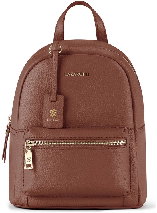Bruine leren rugzak met voorvak, gouden hardware en label 'LAZAROTTI EST. 2007'.