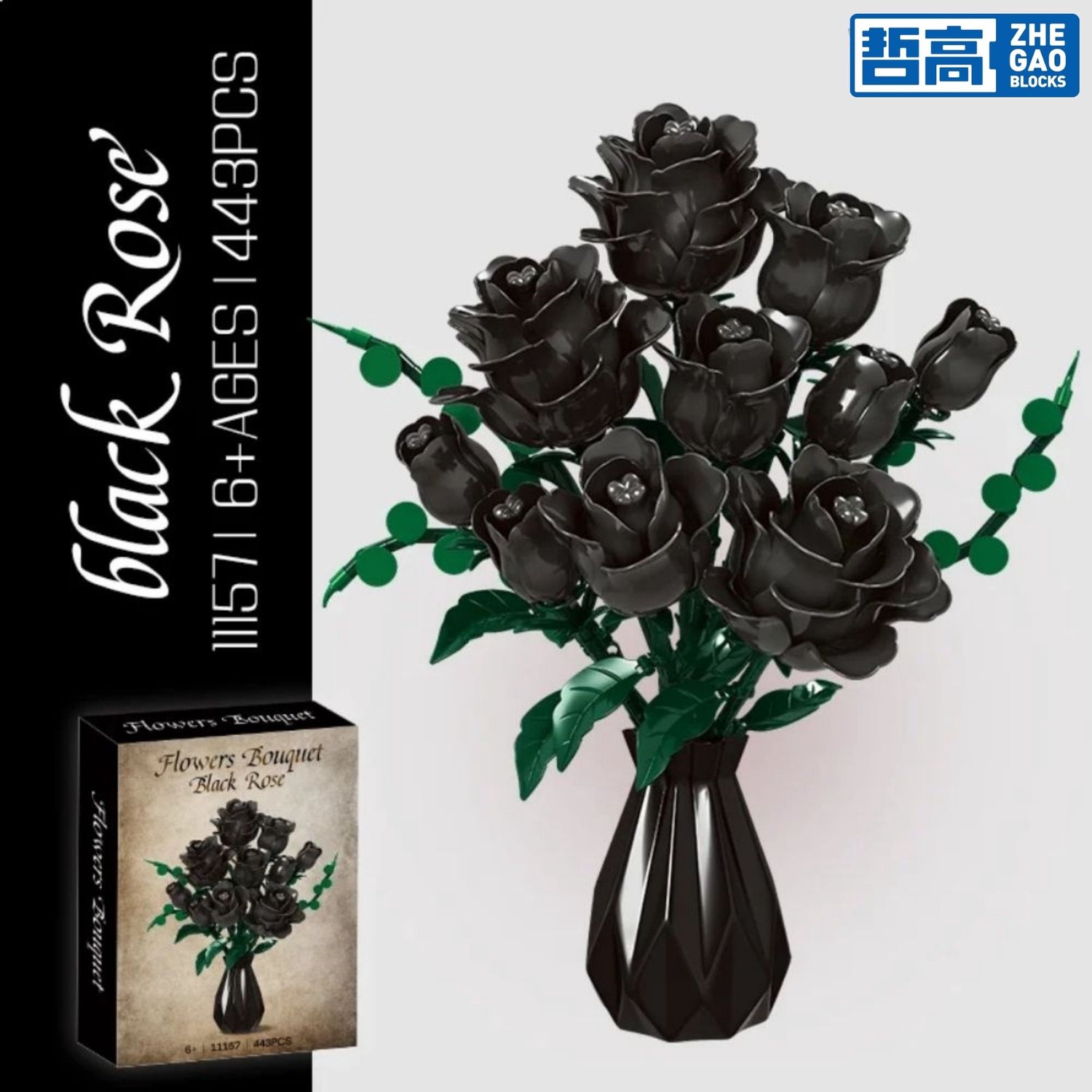 Zhe Gao 11157 Zwarte Rozen Bloemen Boeket bouwset | Botanical Flowers 2026 modelbouw | Classic Creator bonsai speelgoed bouwpakketten voor volwassenen & kinderen | Kunstbloemen niet geschikt voor lego | bouwdoos met 443 bouwstenen — afbeelding 4