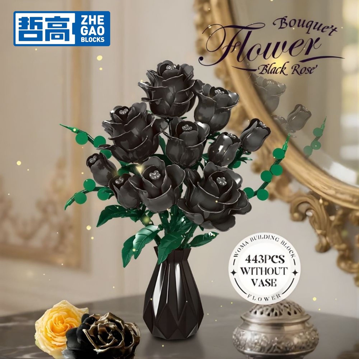 Zhe Gao 11157 Zwarte Rozen Bloemen Boeket bouwset | Botanical Flowers 2026 modelbouw | Classic Creator bonsai speelgoed bouwpakketten voor volwassenen & kinderen | Kunstbloemen niet geschikt voor lego | bouwdoos met 443 bouwstenen — afbeelding 2