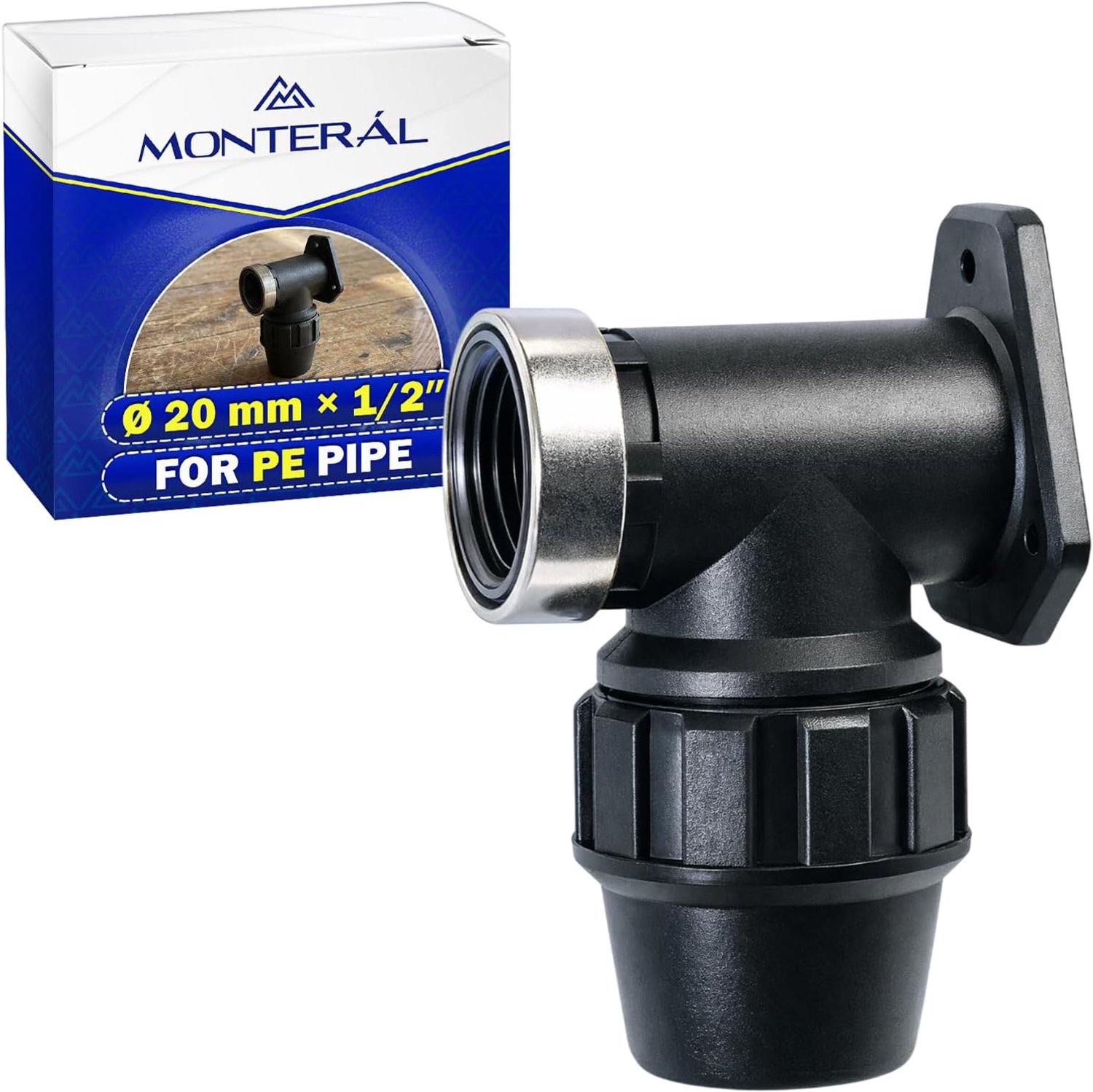 Verbindingsstuk 20 mm x 1/2 inch - hoekstuk 90° met wandhouder - versterkt met stalen ring - geschikt voor PE-buis - ServiceTopper