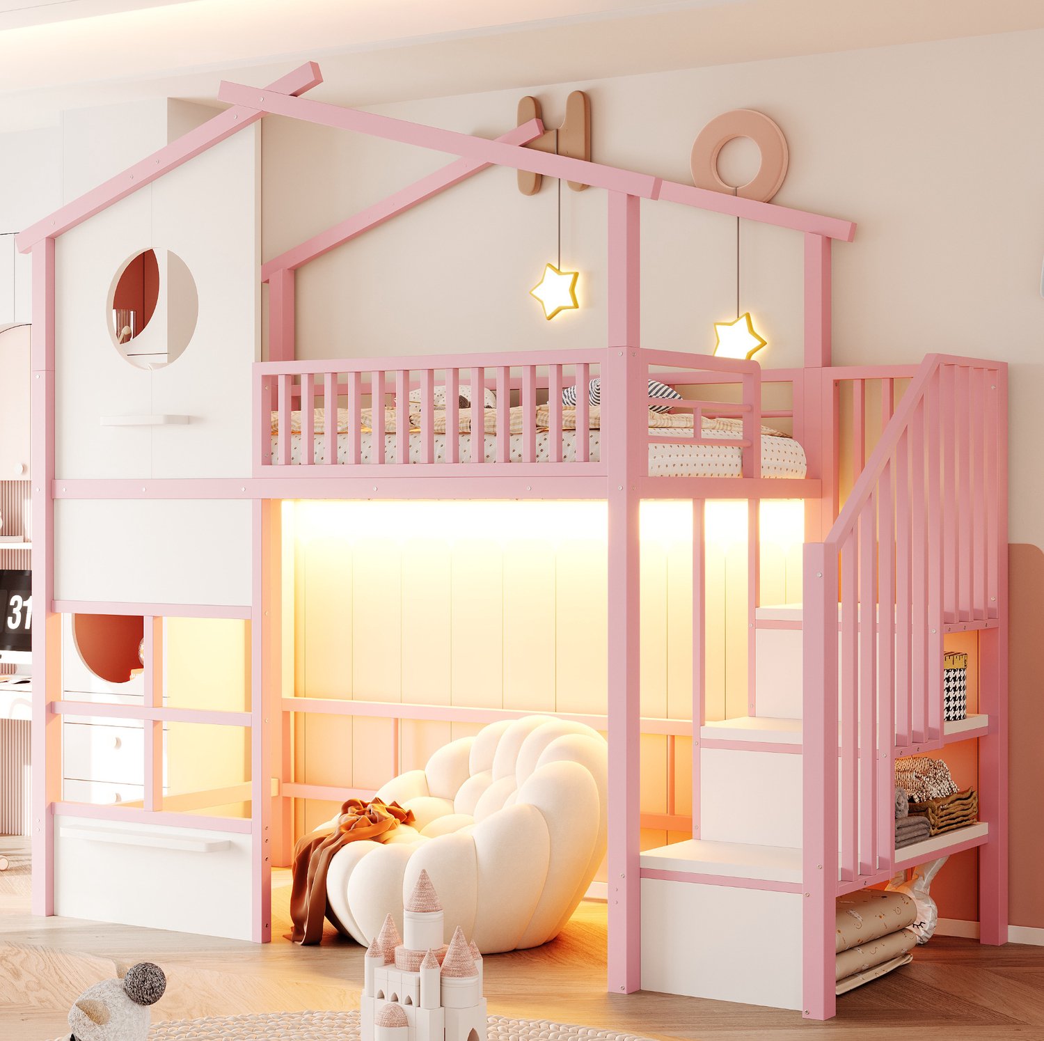 WUVRIE Hoogslaper 90x200 cm - Huisvormig met LED, opbergtrap en verhoogde zijhekken - Roze/wit Roze en wit