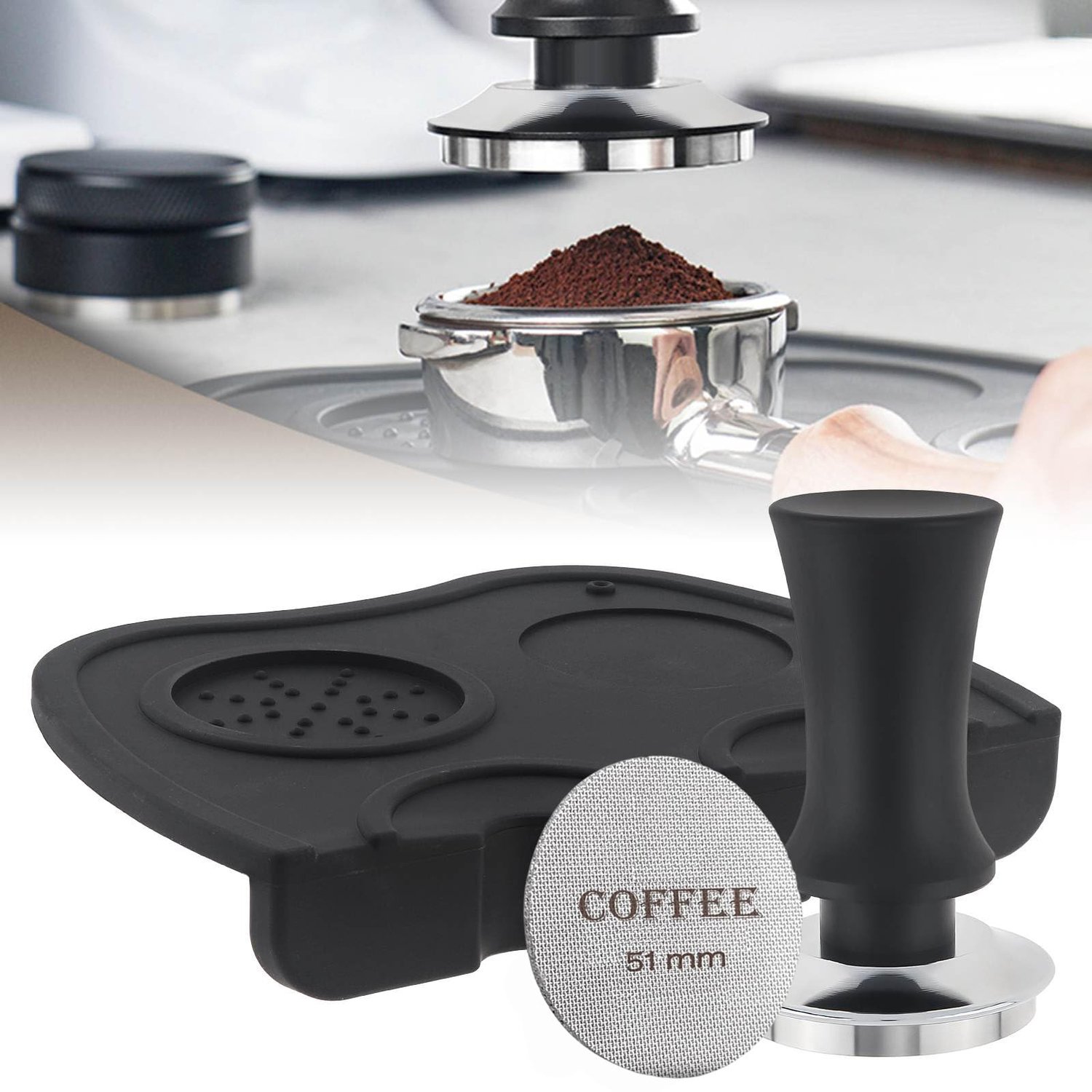 51mm Koffie Sabotage Set met RVS Stamper en Siliconen Mat