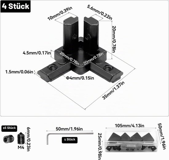 Eckverbinder voor aluminium profielen, 4 stuks, 3-weg, voor 6 mm T-slot — afbeelding 2