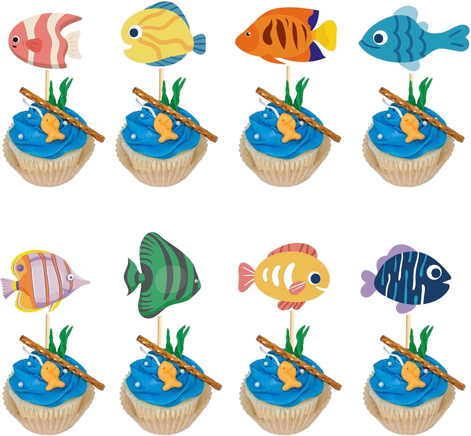 24-delige cupcake-toppers visjes, engeldecoraties, feestdecoratie, tropische feest, taartdecoratie, onderzee-decoratie