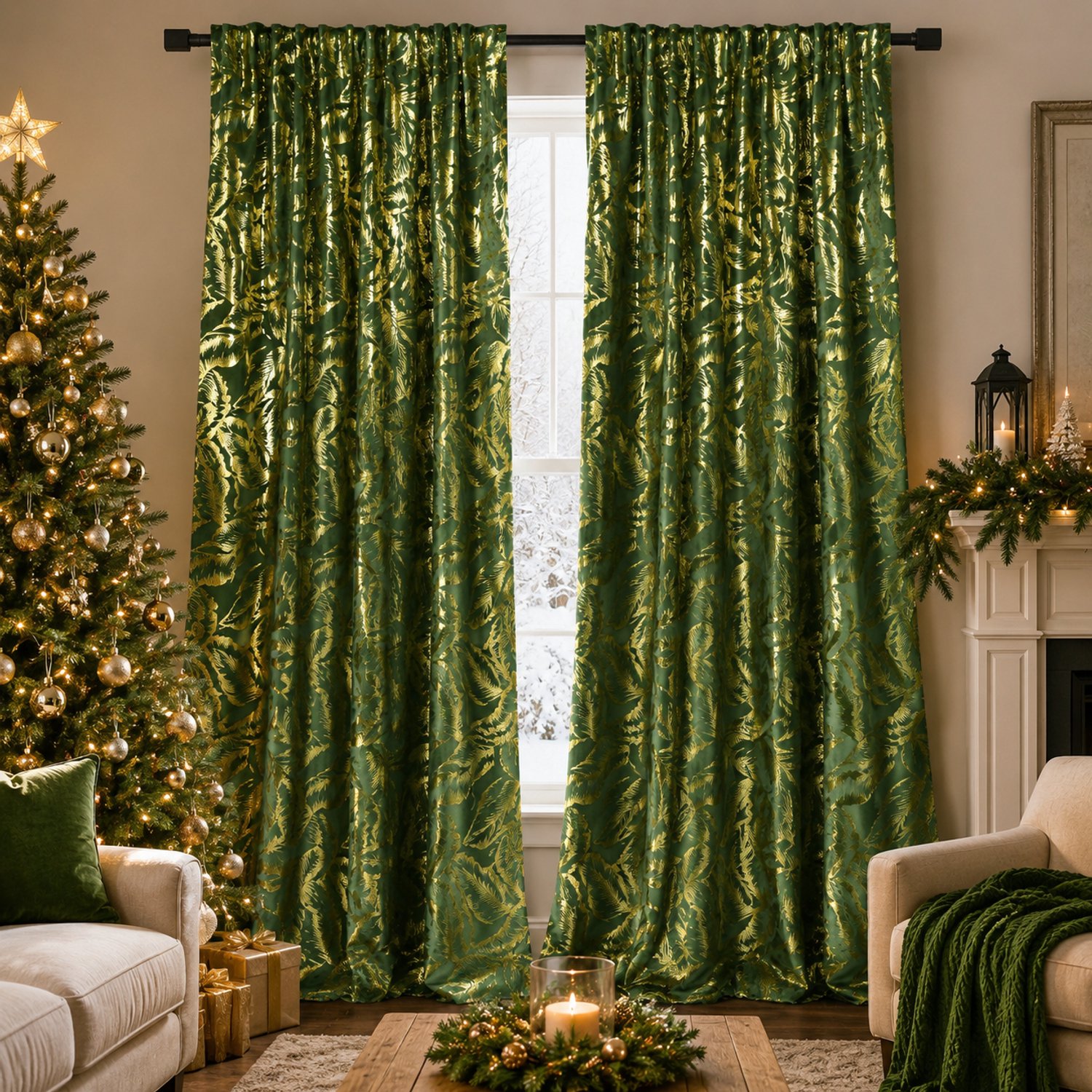 Lapamax Gordijn met Multifunctionele Ophangband en Goudkleurig Bladpatroon - Verduisterend Overgordijn van Zacht Velours - Kerstgordijn voor Woonkamer, Slaapkamer en Kerstdecoratie - Groen - 132 x 274 cm - 2 Stuks