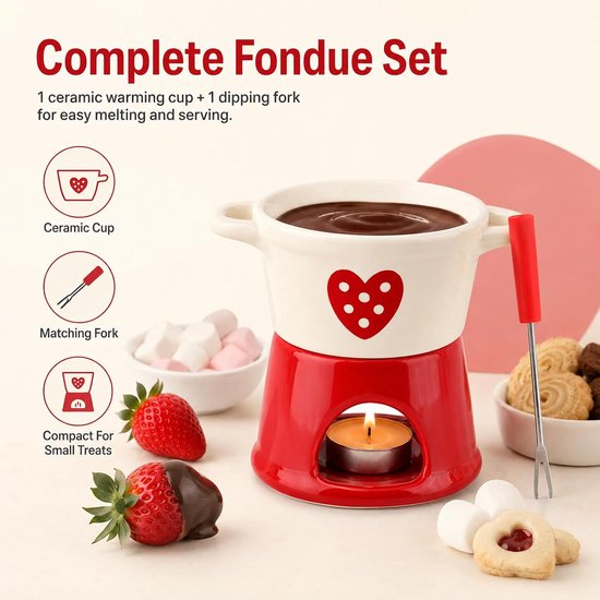 Chocoladefonduebeker - Mini-fonduebeker -Fonduebeker – Keramische chocoladesmeltbeker - Creatieve fonduebeker - Smeltbeker voor warme chocolademelk - Verwarmde smeltbeker - Verwarmde boter- en kaasbeker - Met vork - Kaars niet inbegrepen - Rood — afbeelding 5