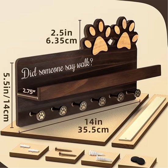 Houten hondenrek met afmetingen in inches en centimeters, inclusief montagemateriaal en schroeven.