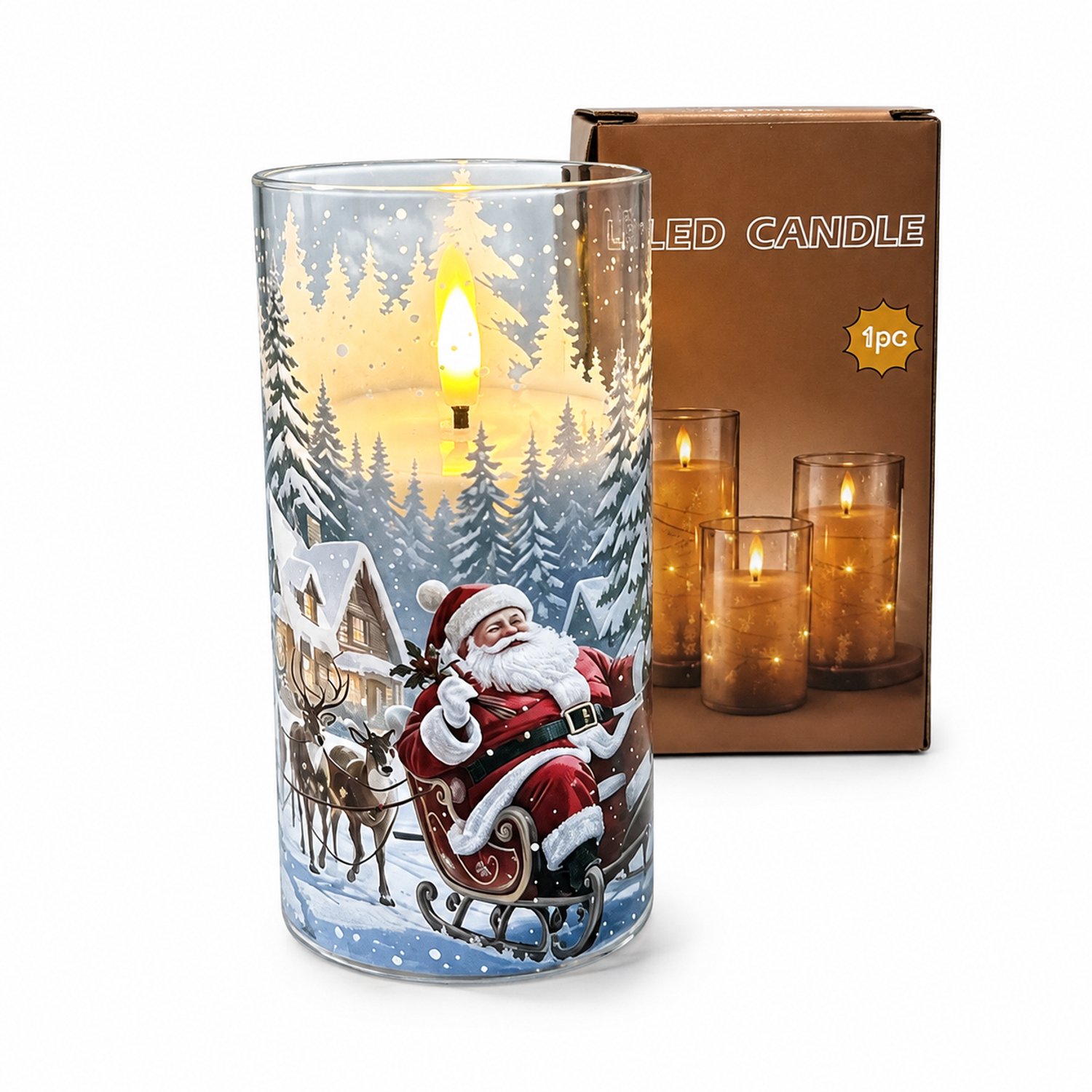 SWGOTA led kaarsen - 1 stuk met kerstman en sneeuwdecor, 7,5 x 15 cm, op batterijen, in doos, exclusief batterijen Bruin