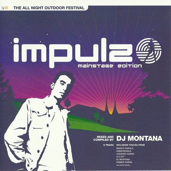 Impulz Mainstage Edition CD-hoes met silhouet van DJ Montana tegen een paars-roze zonsondergang en sterrenhemel.
