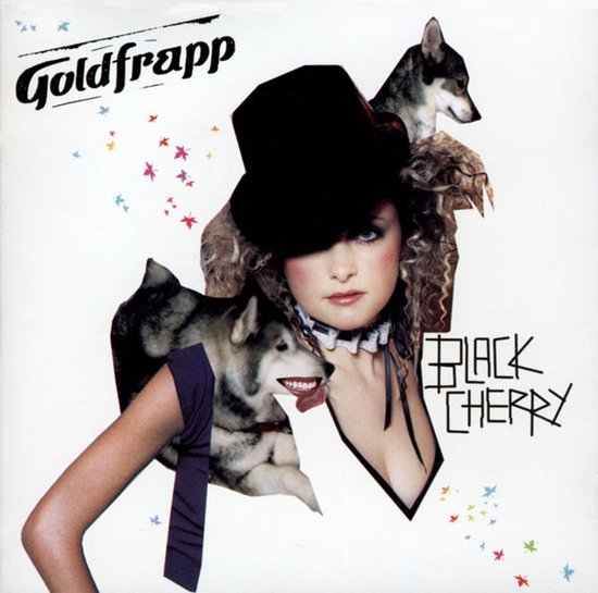 Goldfrapp Black Cherry albumhoes: vrouw met hoge hoed, omringd door husky's op een witte achtergrond met gekleurde blaadjes.