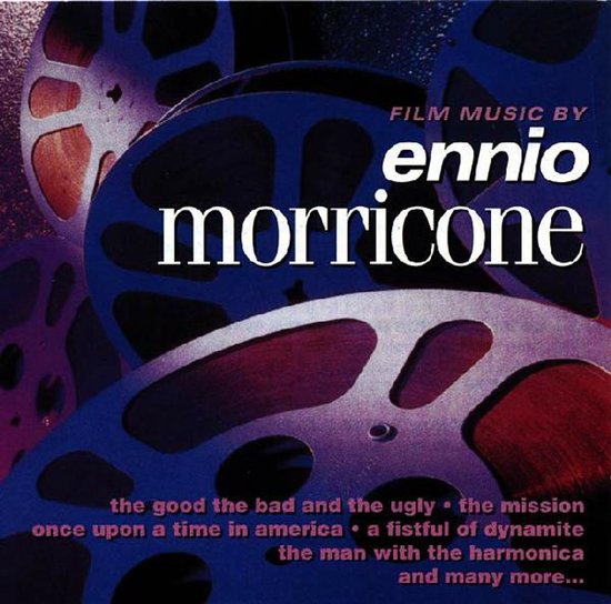 CD-hoes met filmrollen op de achtergrond en de tekst Film Music By Ennio Morricone.