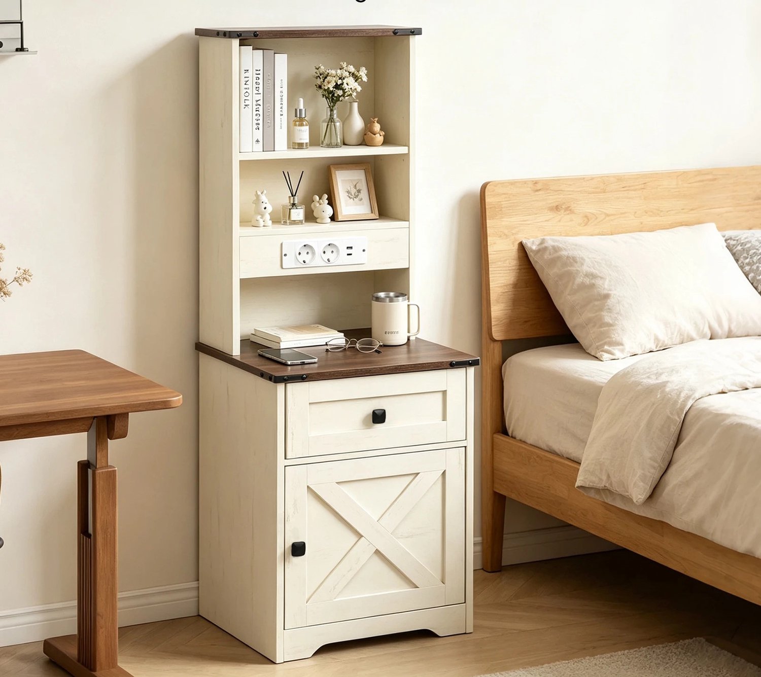 Gudalio Nachtkastje - Kast - Opbergkast - Nachttafel - Oplaadstation - LED - Hoog - Boerderijstijl - 130 x 45 x 45 cm - Hout - Wit