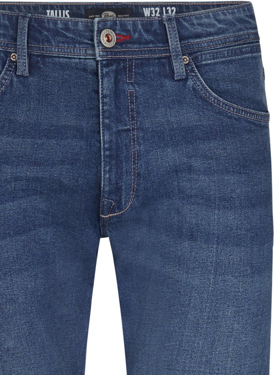 Blauwe tapered fit jeans met vintage wassing, 5 zakken, ritssluiting en merklabel 'Tallis W32 L32' aan de binnenzijde.