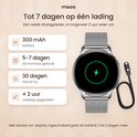 Oplaadgegevens van de smartwatch: 300 mAh batterij met 5-7 dagen gebruiksduur en een magnetische oplaadkabel.