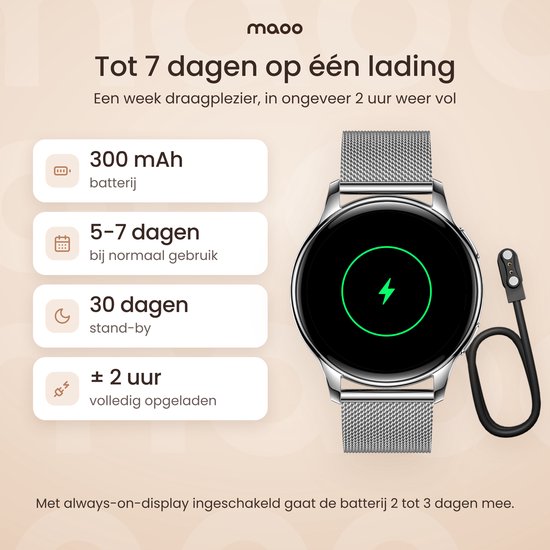Oplaadgegevens van de smartwatch: 300 mAh batterij met 5-7 dagen gebruiksduur en een magnetische oplaadkabel.