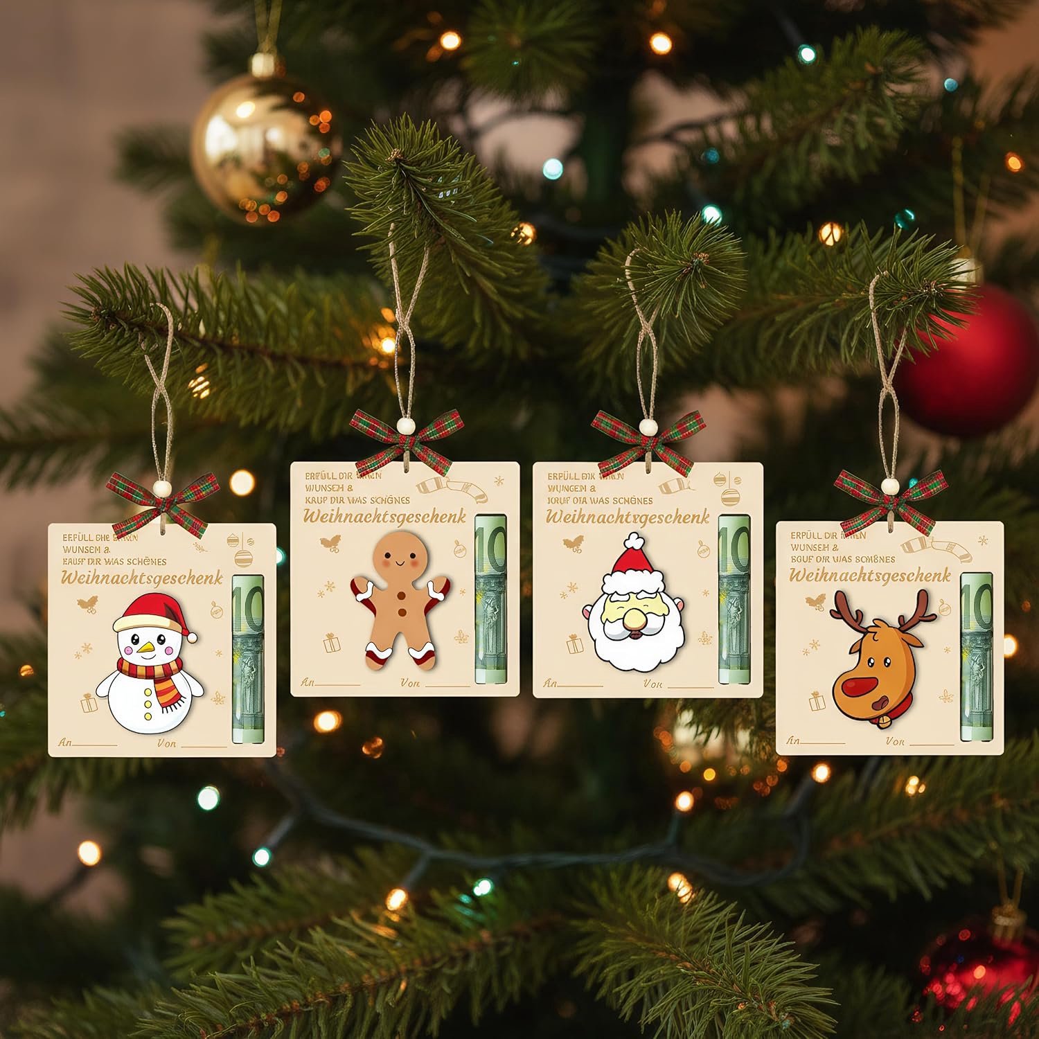 Geldcadeau voor kerst - 4 verschillende ontwerpen - voor briefjes van 5 10 20 euro - feestelijke decoratie en kaarthouder - Houten Kerstboom Geld Clip - Uniek Cadeau met Kerst Thema - feestelijke kerstboomversiering- cash cadeauhouder afmetingen – foto 5