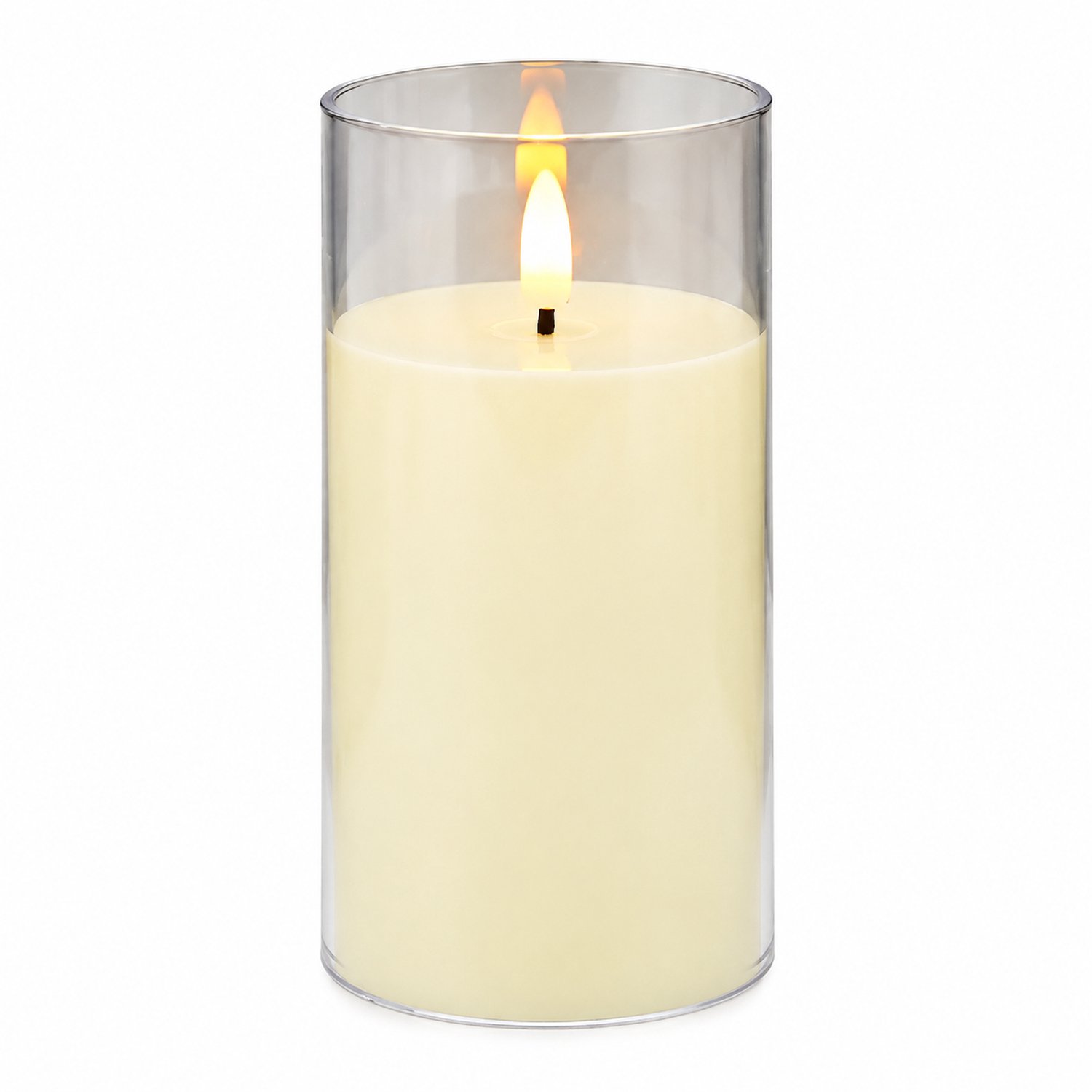 led kaarsen - ivoorkleurige uitvoering van 7,5 x 15 cm met transparante cilindervormige omhulling en warm vlameffect voor kerstdecoratie