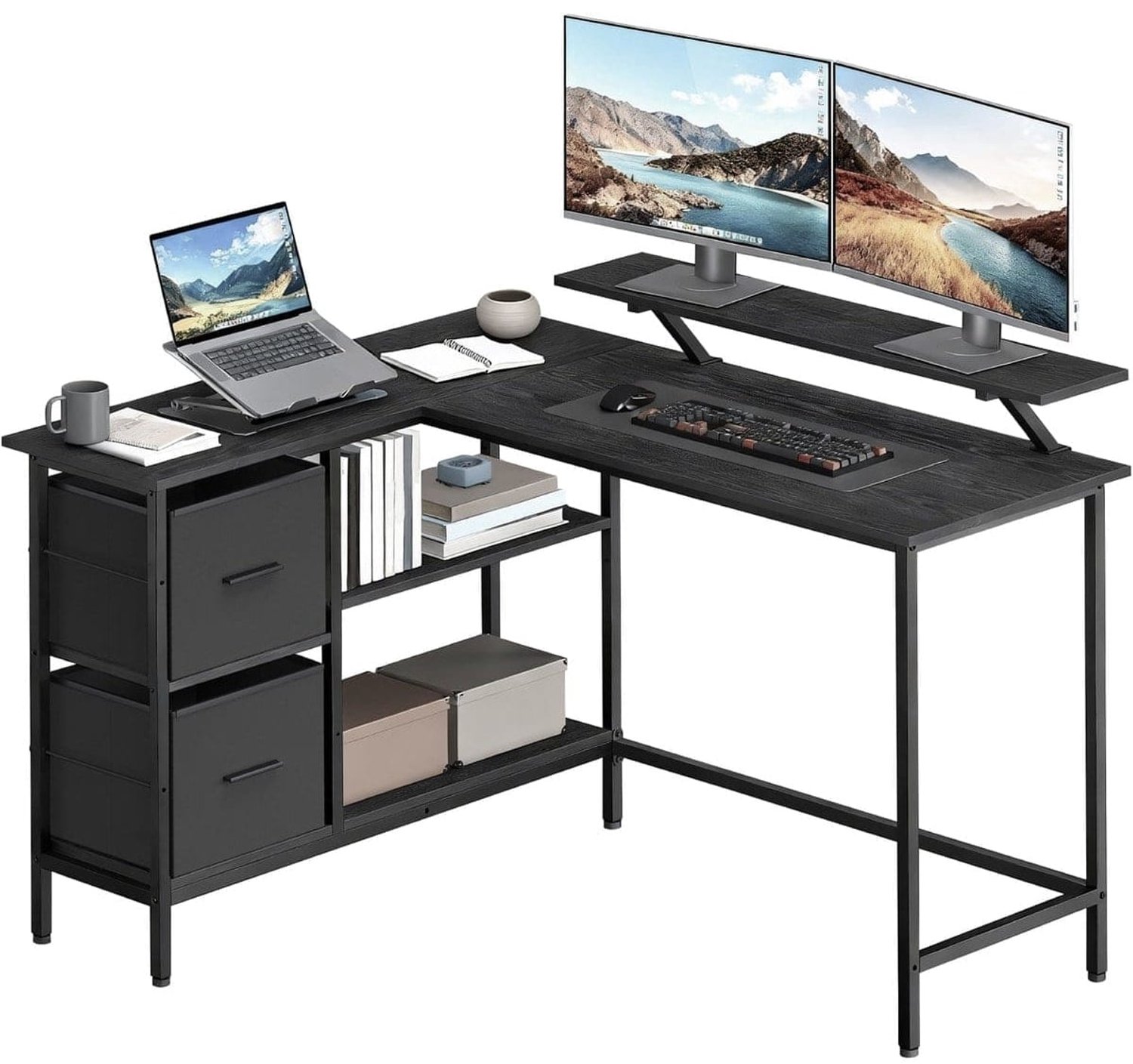 Klarven Hoekbureau Zwart - Hoekbureau met Lades - Corner Desk - 2 Lades, Monitorstandaard en In Hoogte Verstelbare Plank