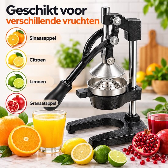 Handmatige Citruspers met Hendel – Professionele Sinaasappelpers – Granaatappelpers en Citroenpers – RVS Zeef – Stevige Metalen Fruitpers – Antislip Handgreep – Zwart/Zilver — afbeelding 3