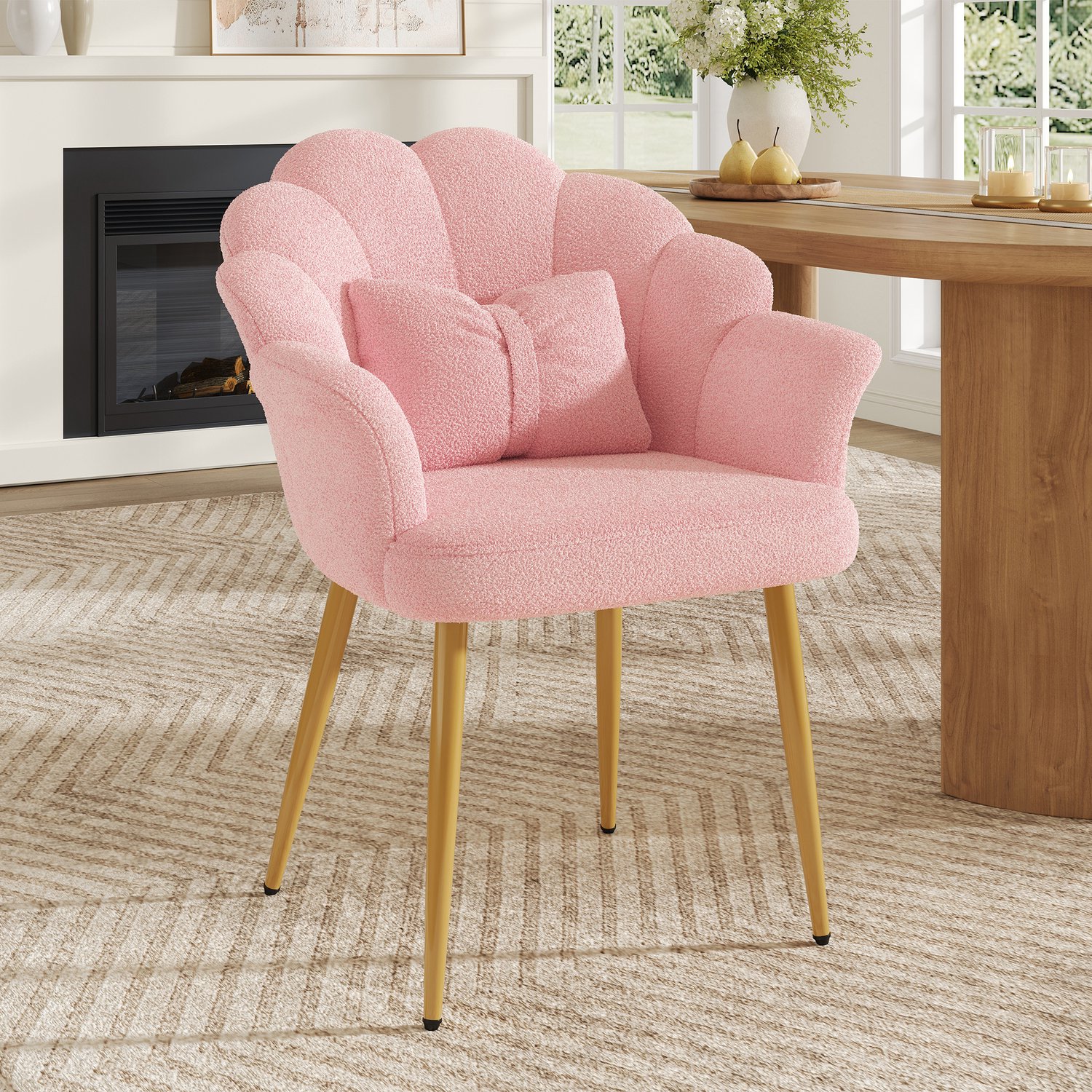 MIVRAY Fauteuil 64 Bij 65,5 Bij 85 Cm - Teddy Stoff Met Bloemblaatrugleuning En Kussen - Voor Slaapkamer En Eetkamer - Metaal Roze
