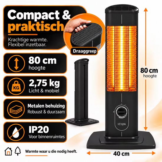 Compacte 80 cm hoge zwarte ICQN kachel van 2,75 kg met draaggreep, metalen behuizing en IP20-classificatie.