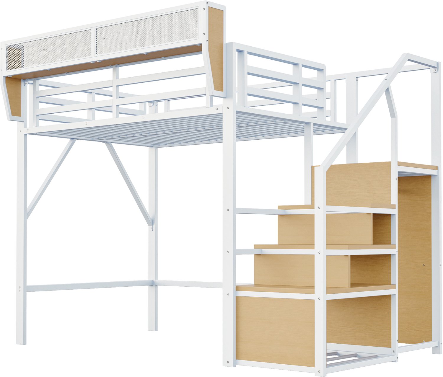 MUVANO Hoogslaper 140 x 200 cm - metalen hoogslaper met veiligheidsladder - verstelbaar opbergrek - 140 cm vrije ruimte - voor kleine kamers, wit