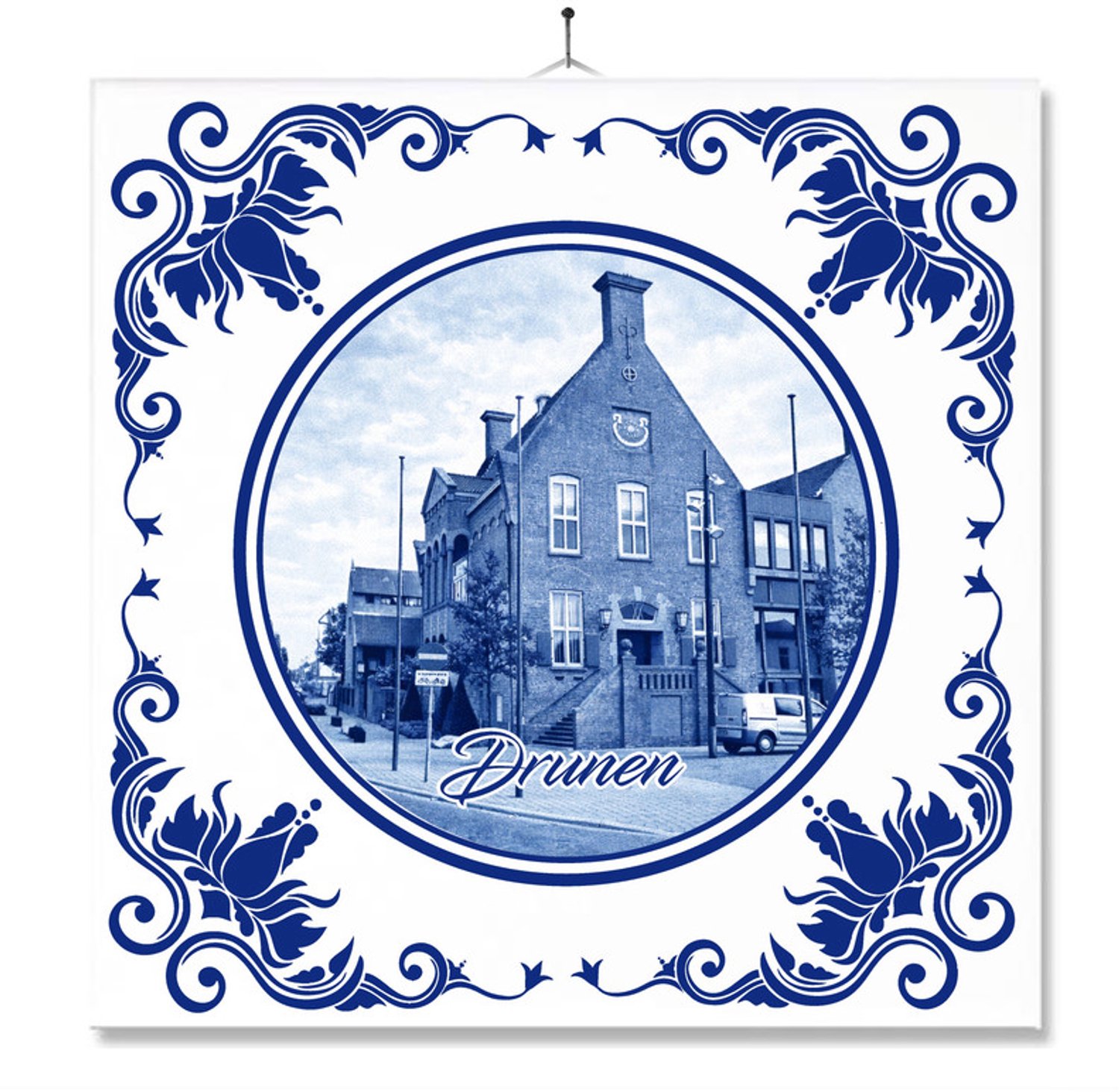MC Living Tegel Met Opdruk | Drunen | Delft Blauw | Cadeau | Inclusief Geschenkdoos | Standaard | Ophangsysteem