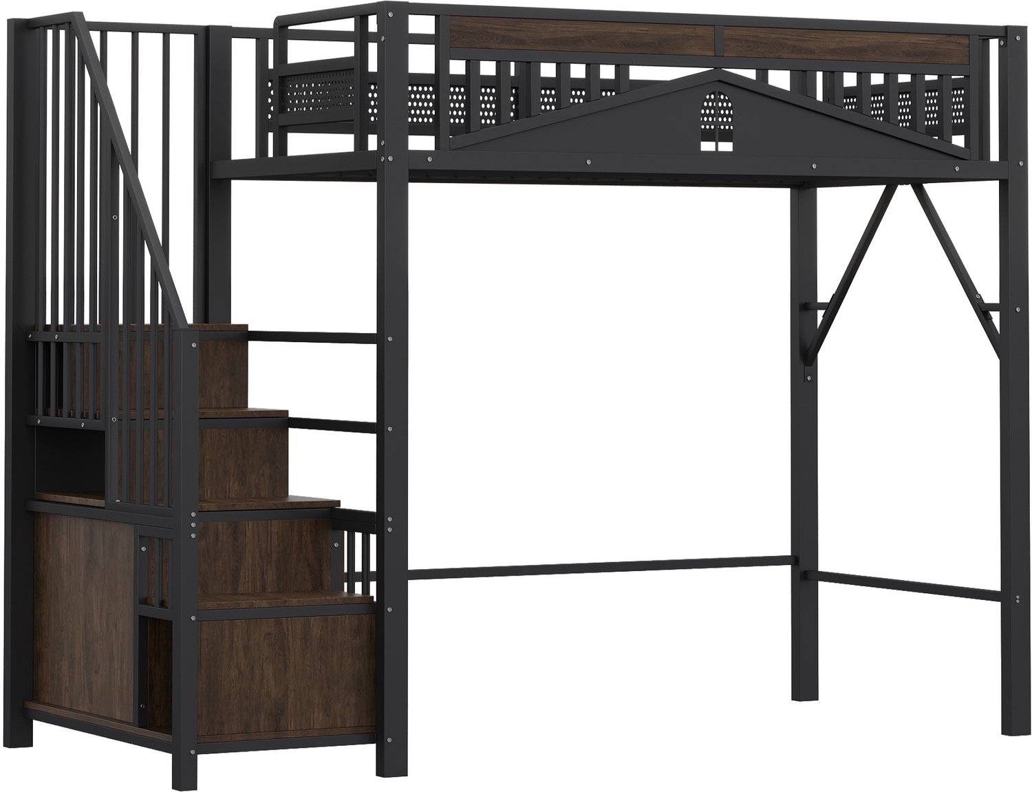 MUVANO Metalen hoogslaper 90 x 200 cm - zwarte metalen hoogslaper met veiligheidshek, raamvormig hek, trap met opbergruimte en ruimte onder het bed