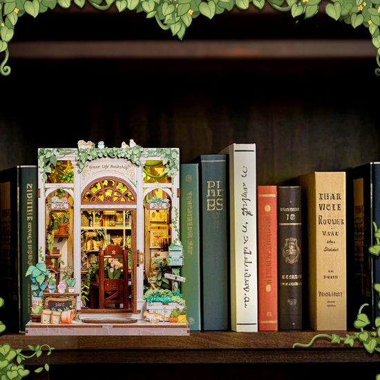 DIY "Boekenhoek" Bouwmodel - Mini Groene Boekhandel - 3D Houten Puzzel - Zelf in elkaar te zetten Huis - Miniatuur Scène Set - Model Speelgoed - Geschikt voor Boekenplanken en Woondecoratie - Inclusief LED-verlichting