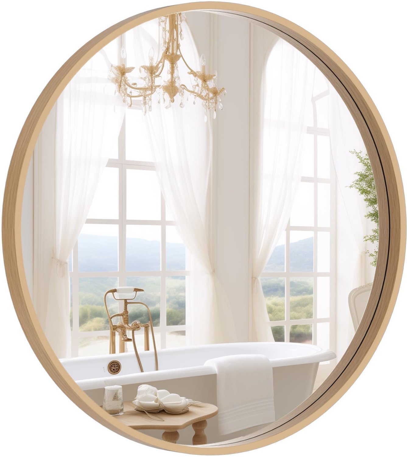 Famanu Houten ronde wandspiegel, elegante cirkelspiegel voor woonkamer, slaapkamer, badkamer of entree, rustiek en modern decor (61 cm, natuurlijk hout) voor een stijlvolle uitstraling in elke ruimte