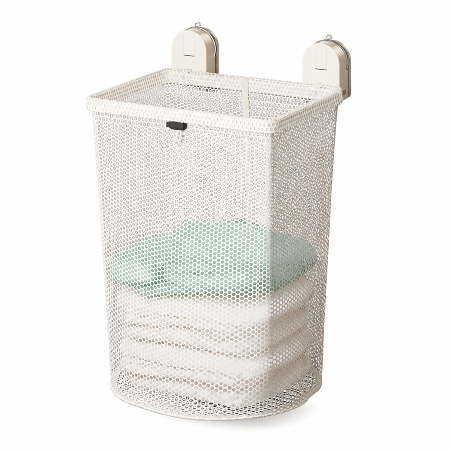 Crèmewitte opvouwbare wasmand met zuignappen - 1 groot vak - Netstructuur - Mand 27,8 x 20,5 x 45 cm