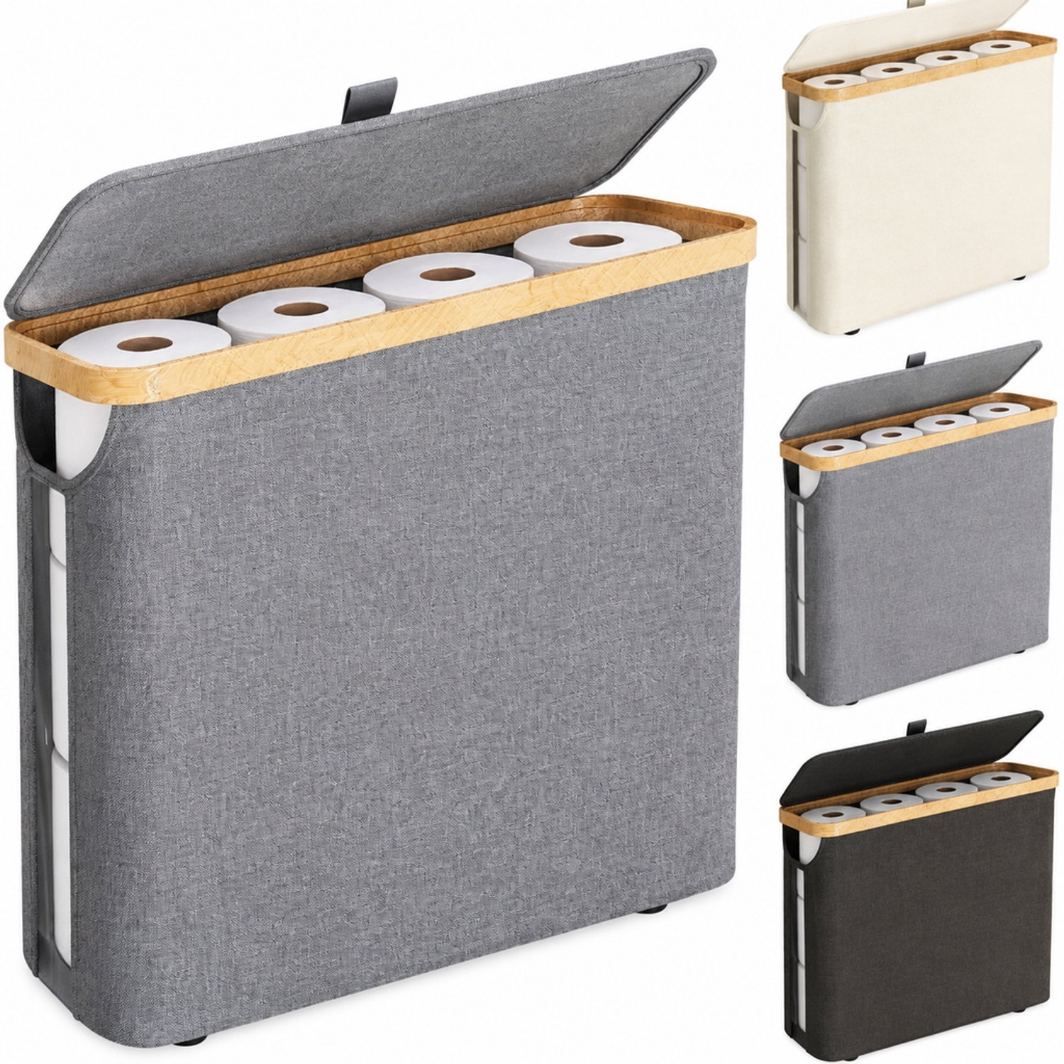 Smalle opbergmand voor toiletrollen met deksel - Grijs - 45 x 15 x 35 cm - Oxford-stof met bamboerand