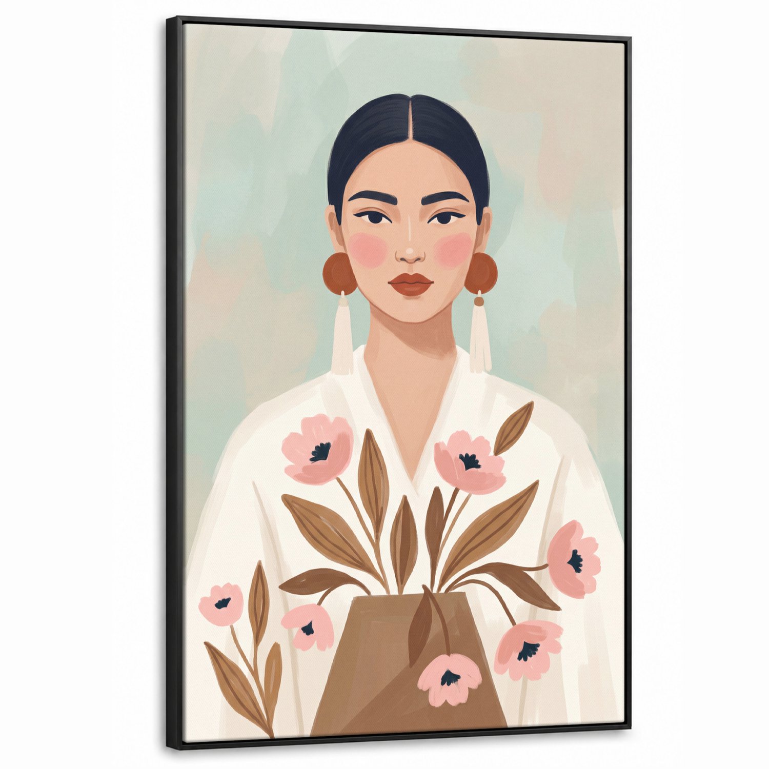 Canvas Schilderij met Baklijst XXL Canvas Schilderij met Baklijst 100x150cm - Vrouw - Kimono - Pastel - Muurdecoratie woonkamer - Slaapkamer decoratie - Kamer accessoires - Schilderijen op canvas met lijst groot