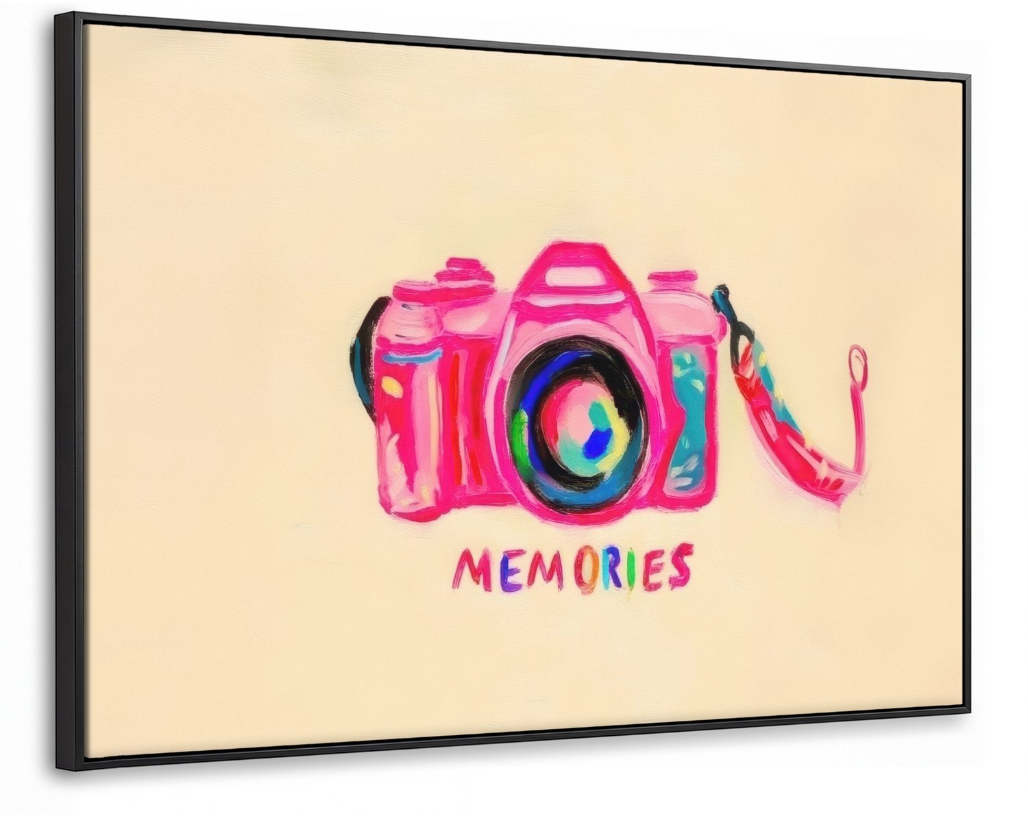 Canvas Schilderij met Baklijst 90x60cm - Camera - Memories - Roze - Geschilderd - Muurdecoratie woonkamer - Slaapkamer decoratie - Kamer accessoires - Schilderijen op canvas met lijst