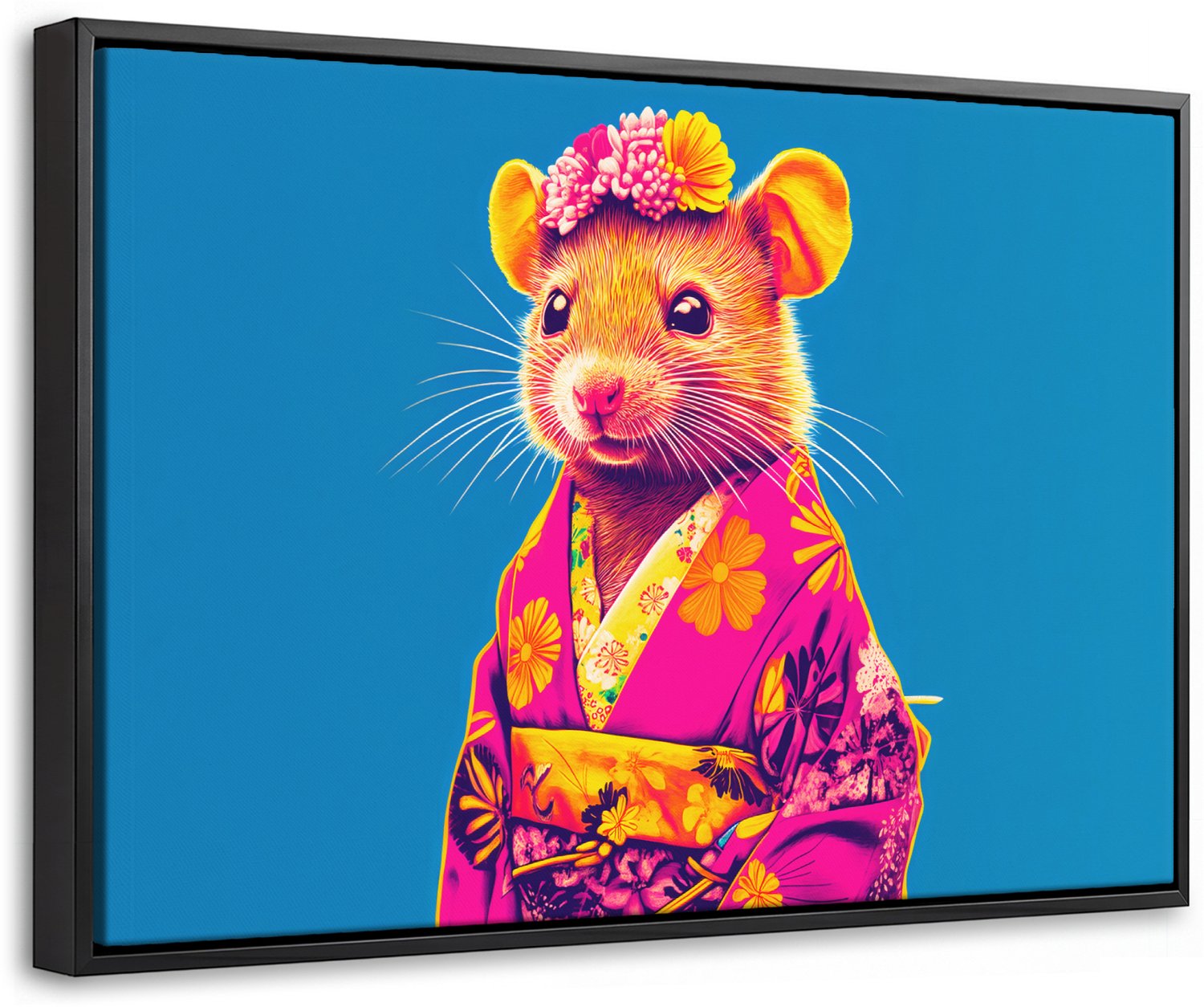Canvas Schilderij met Baklijst 30x20cm - Muis - Kimono - Bloemen - Blauw - Muurdecoratie woonkamer - Slaapkamer decoratie - Kamer accessoires - Schilderijen op canvas met lijst
