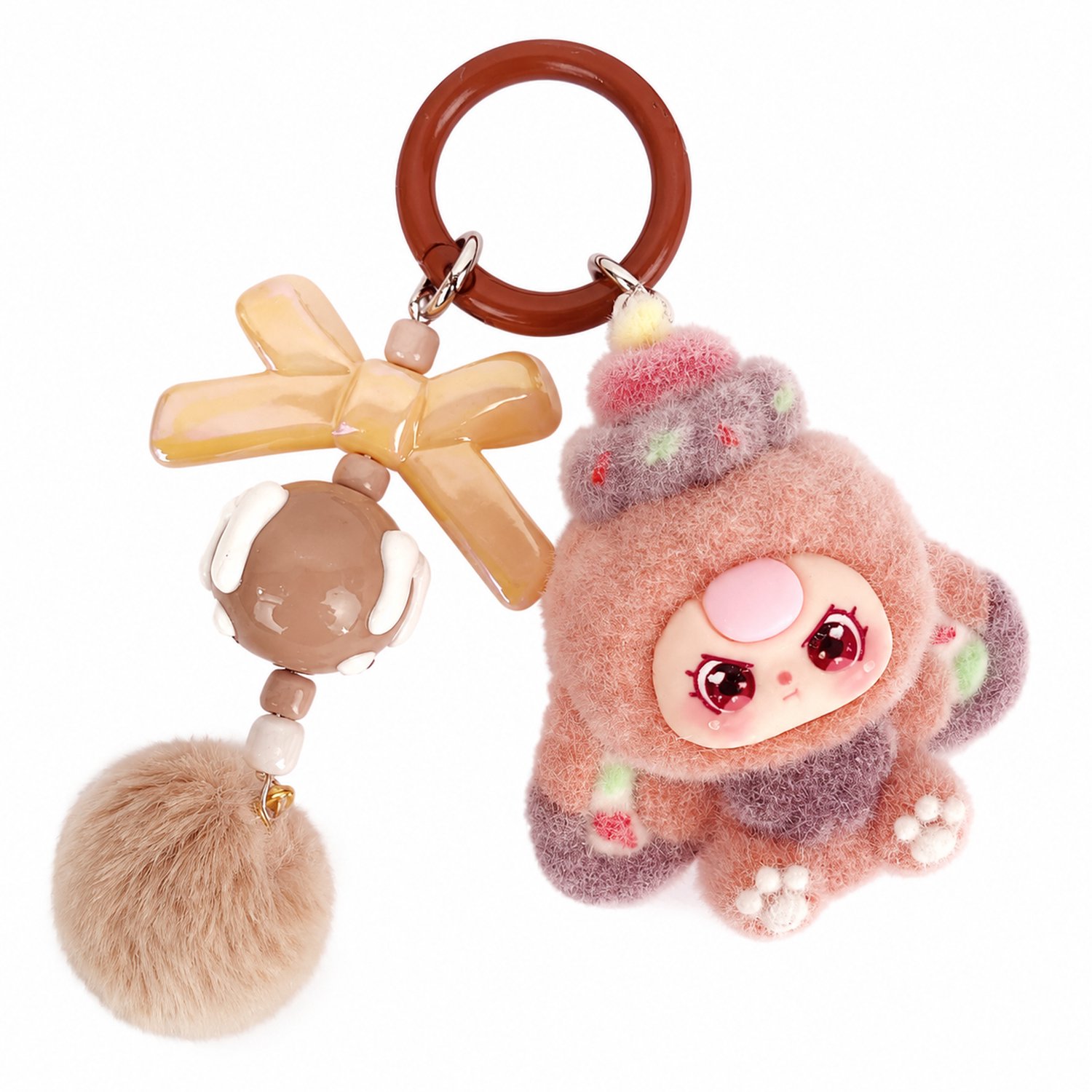 Sleutelhanger bruin met gevlokt cartoonpoppetje, strik, dessertkraal en pompon, ook als tashanger