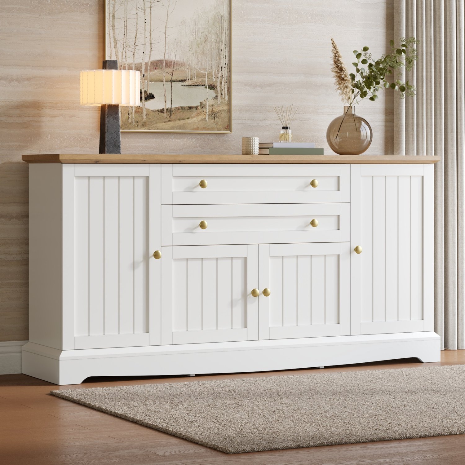 OKWISH Dressoir - 4 Deuren en 2 Lades - Verstelbare Planken - Voor Woonkamer en Eetkamer - MDF Wit - 160 x 38 x 78,5 cm
