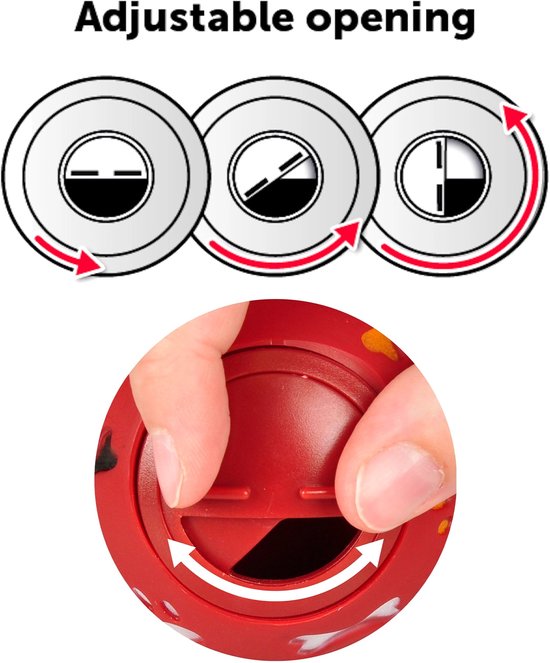 Illustratie met tekst 'Adjustable opening' en handen die de opening van een rode snackbal draaien om deze te verstellen.