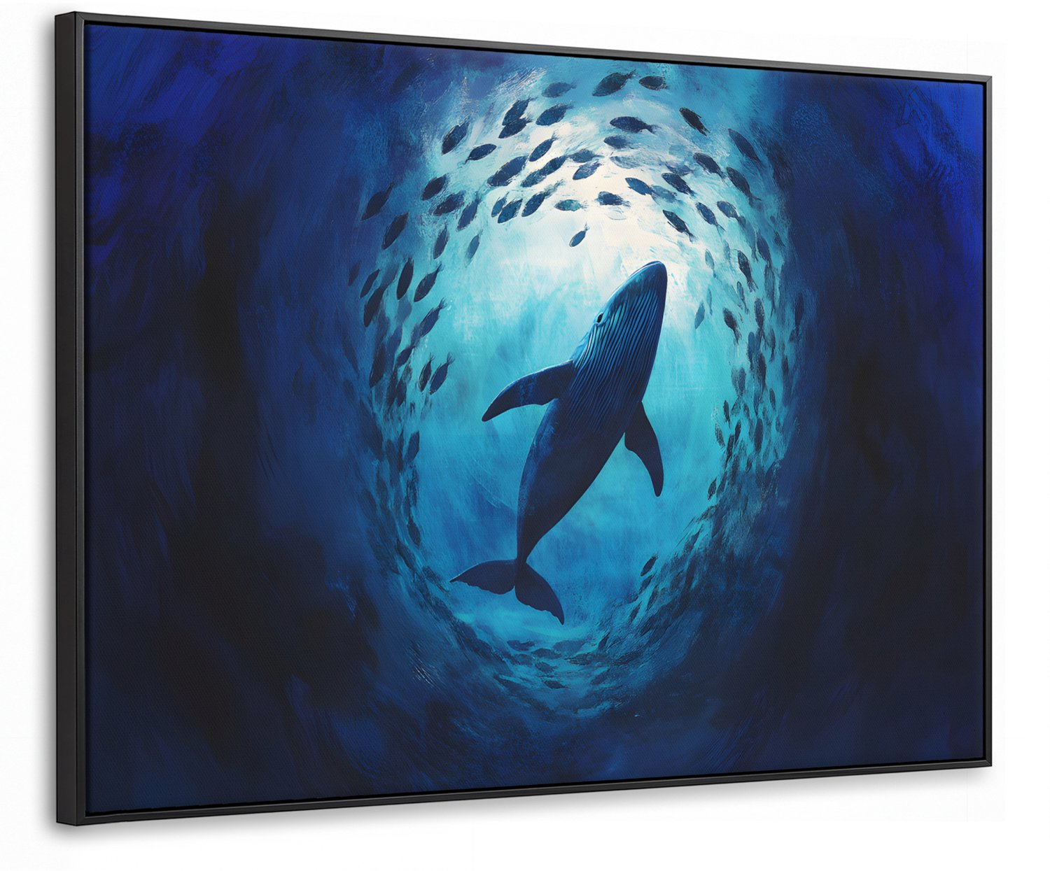 Canvas Schilderij met Baklijst 100x70cm - Walvis - Vissen - Donkerblauw - Muurdecoratie woonkamer - Slaapkamer decoratie - Kamer accessoires - Schilderijen op canvas met lijst