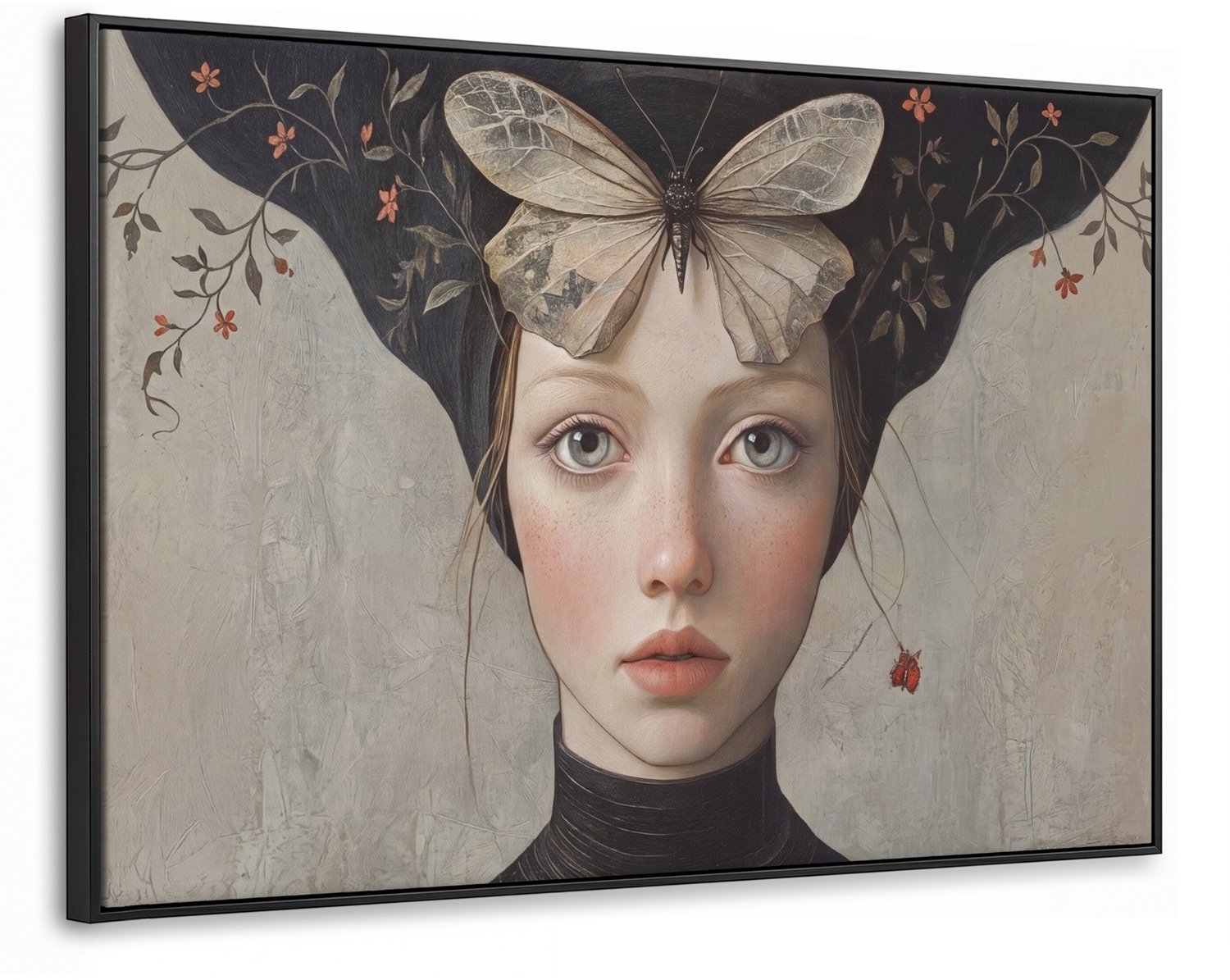 Canvas Schilderij met Baklijst XXL Canvas Schilderij met Baklijst 140x90cm - Woman - Butterfly - Art - Classic - Muted - Muurdecoratie woonkamer - Slaapkamer decoratie - Kamer accessoires - Schilderijen op canvas met lijst groot