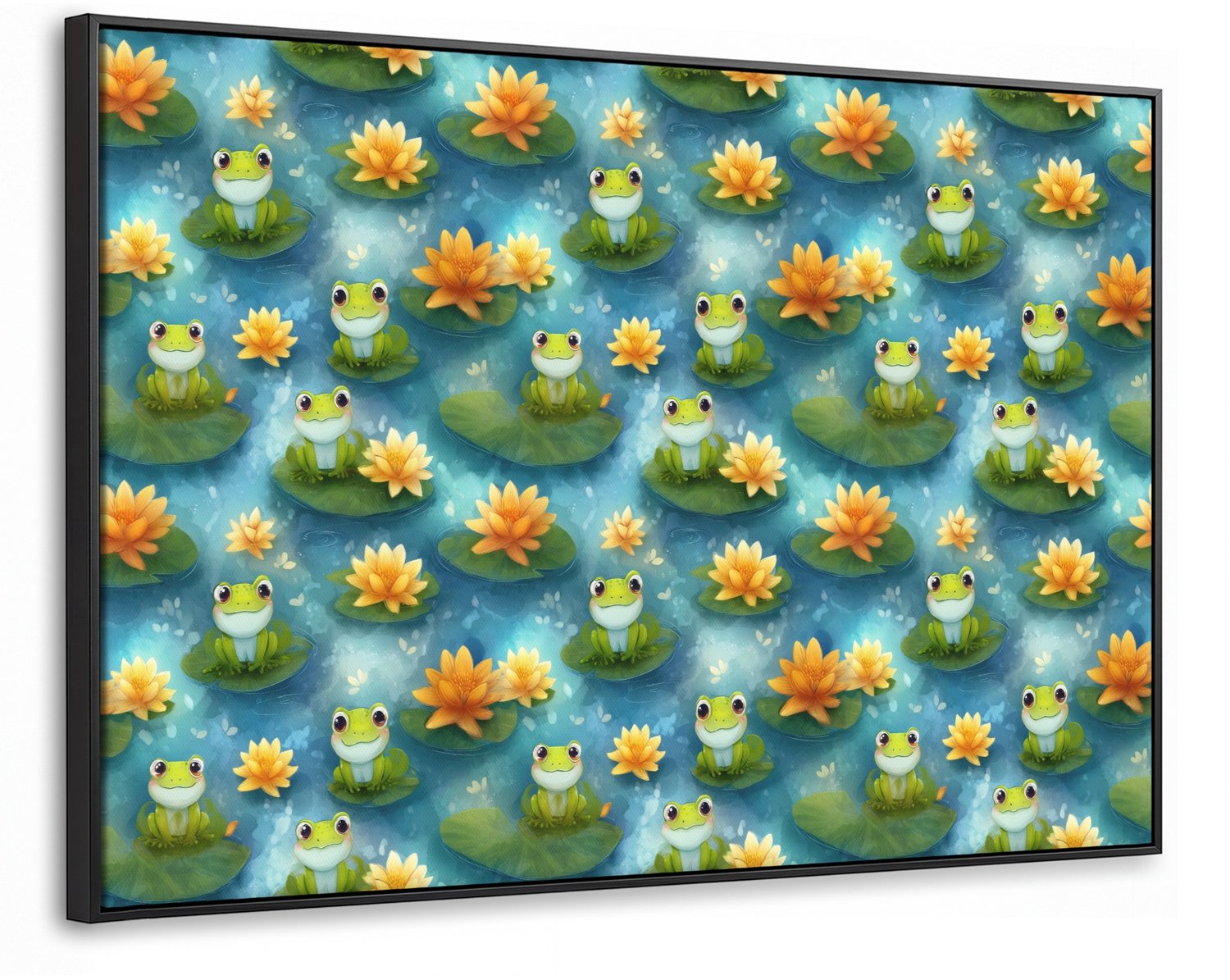 Canvas Schilderij met Baklijst XXL Canvas Schilderij met Baklijst 120x80cm - Kikker - Lelies - Groen - Muurdecoratie woonkamer - Slaapkamer decoratie - Kamer accessoires - Schilderijen op canvas met lijst groot