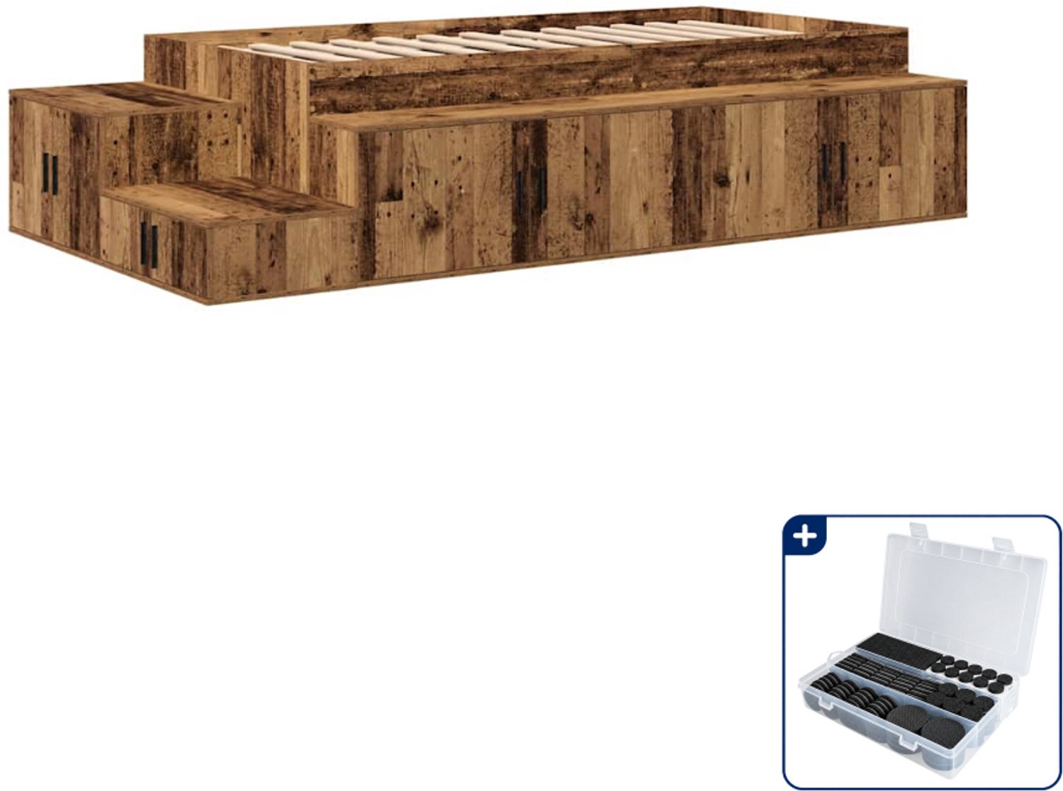vidaXL opbergbedframe - 90 x 200 cm - bewerkt hout - oud hout - Inclusief antikrasvilt 177-delig Bruin