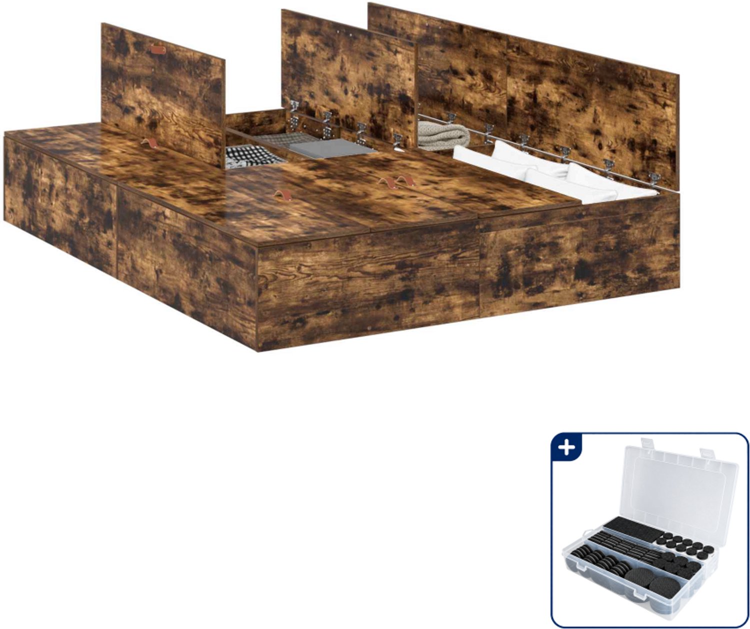 vidaXL opbergbedframe - 140 x 190 cm - gerookt eiken - Inclusief antikrasvilt 177-delig Bruin