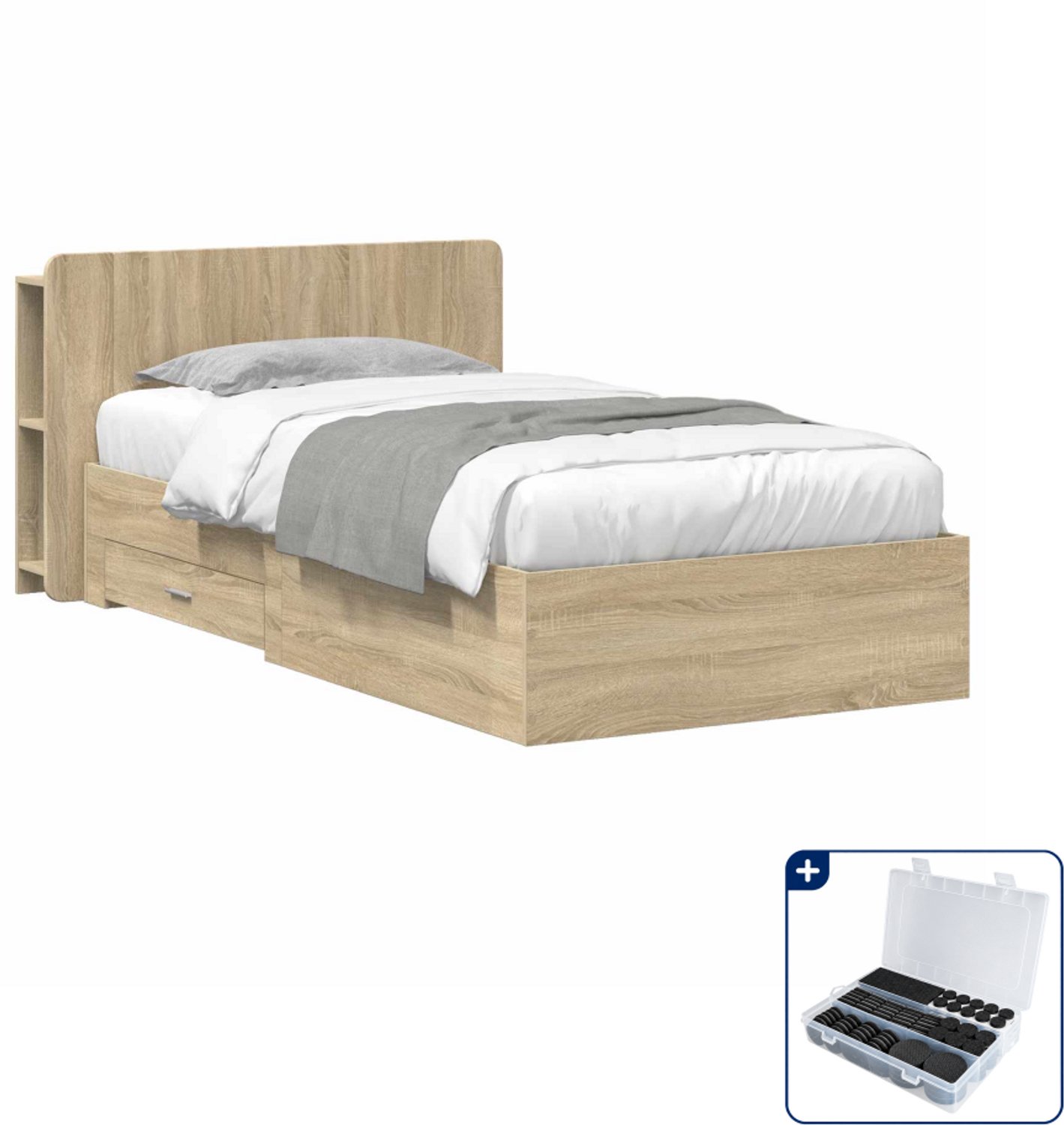 vidaXL bedframe met opslag - 90 x 190 cm - bewerkt hout - sonoma eiken - Inclusief antikrasvilt 177-delig Bruin