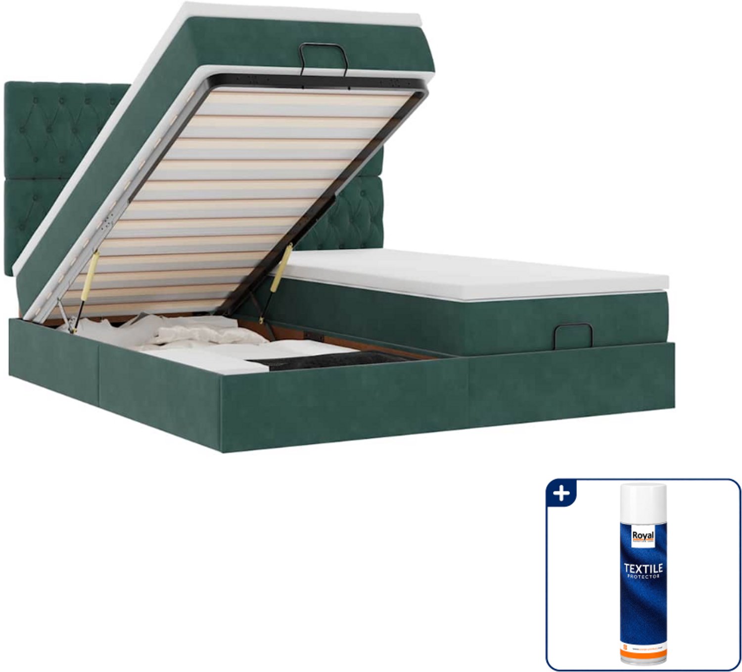 vidaXL Ottoman bed Super kingsize 200x200 cm - fluweel - donkergroen - Inclusief textielbeschermer 500 ml