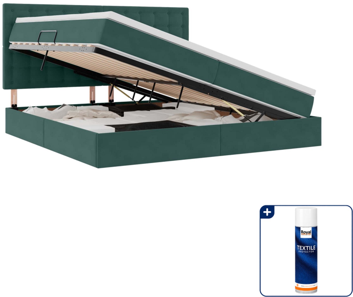 vidaXL Opbergbed met matras - 200 x 200 cm - fluweel - donkergroen - Inclusief textielbeschermer 500 ml Wit