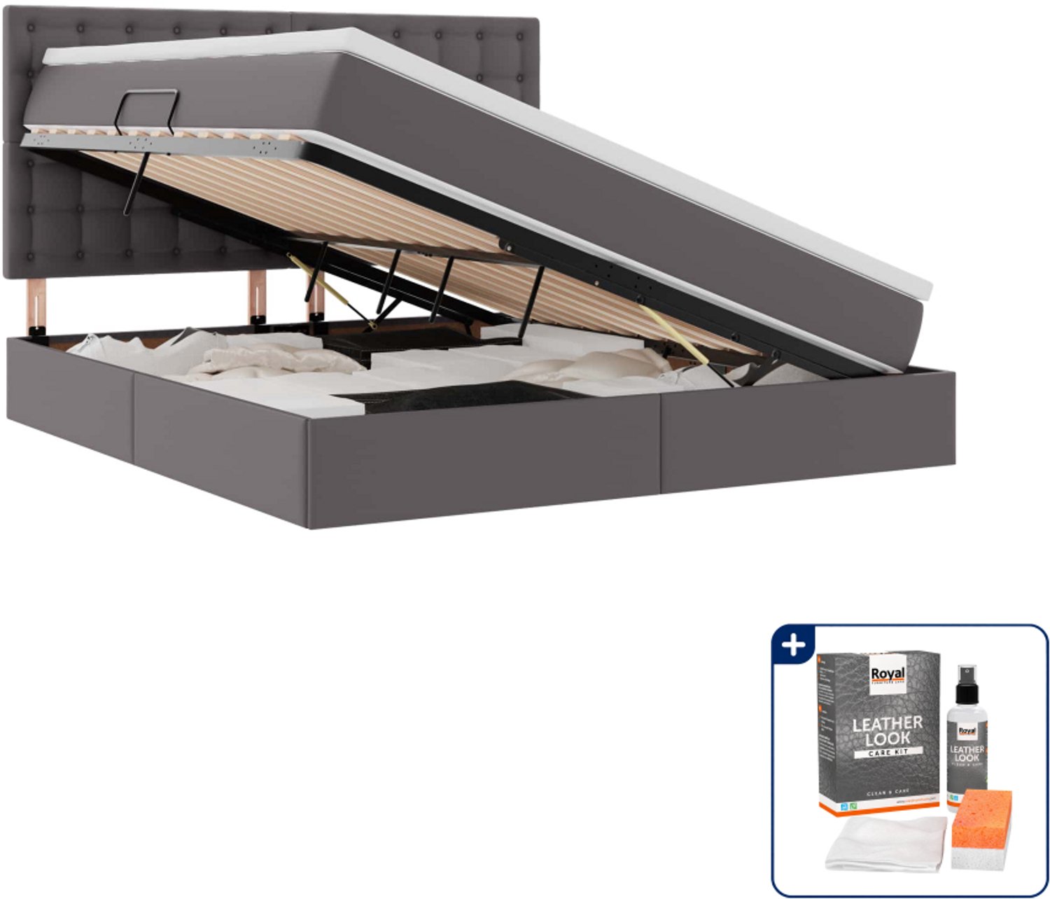 vidaXL Opbergbed met LED - Queensize - 160 x 200 cm - grijs - Inclusief onderhoudsset voor kunstleer 150 ml