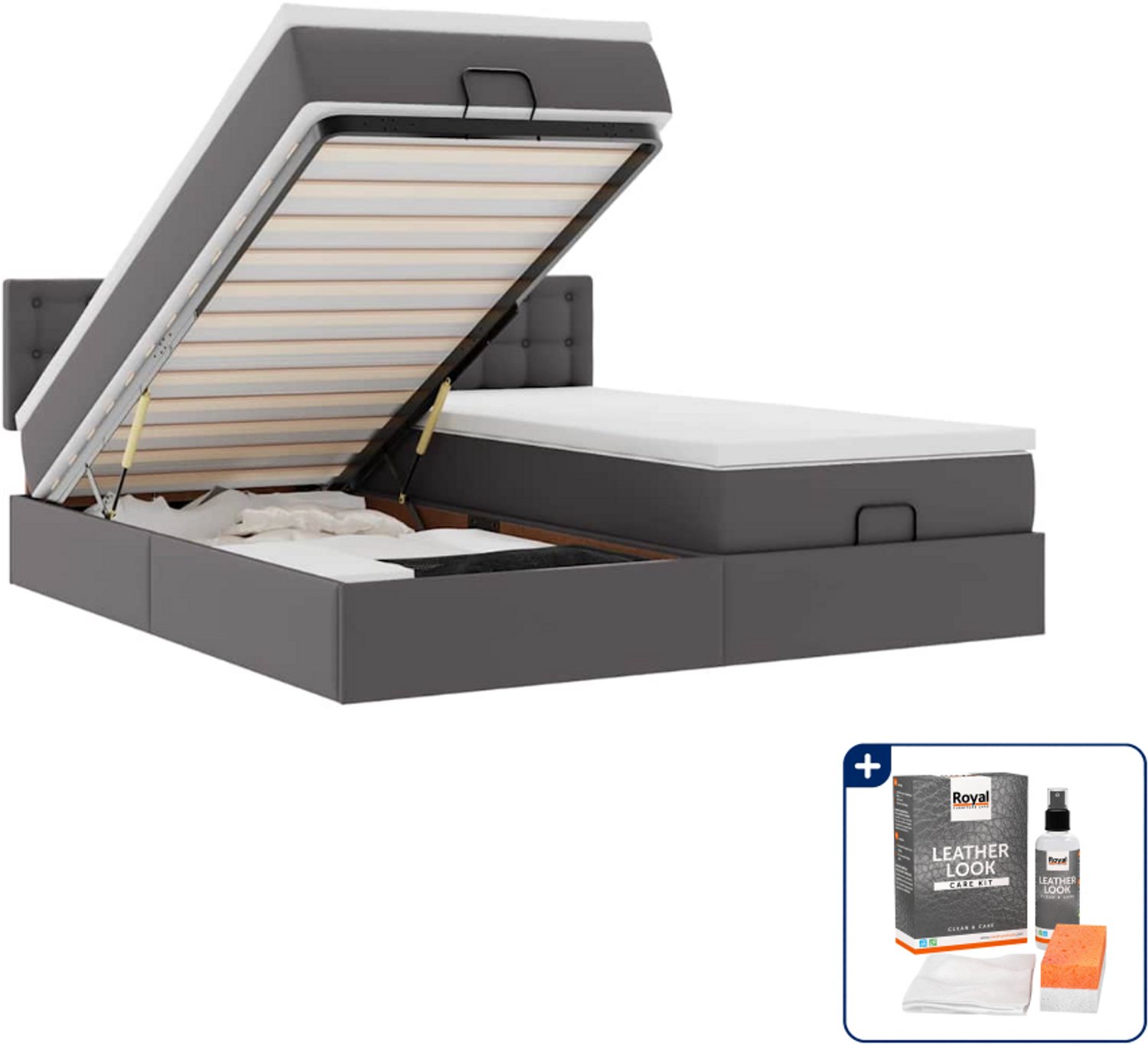 vidaXL Kingsize bed met matrassen en LED - 180 x 200 cm - grijs - Inclusief onderhoudsset voor kunstleer 150 ml Bruin